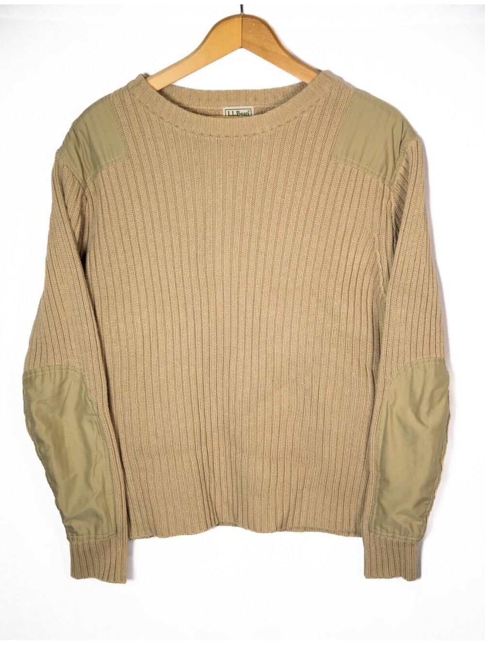 LL Bean Commando Sweater 100% Cotton Shoulder Elbow Patches Tan Men's L